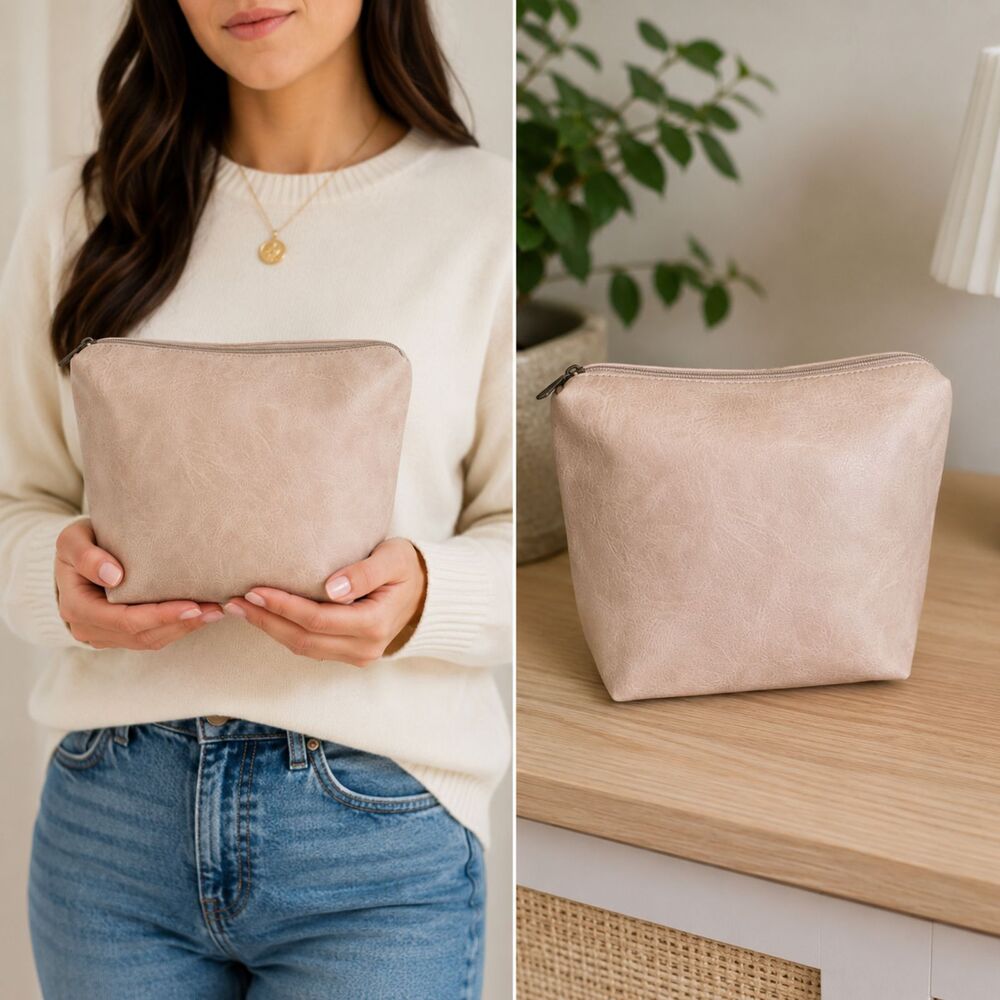 Anthropologie Tan Faux Leather Cosmetic Case Makeup Bag Clutch Carryall Travel